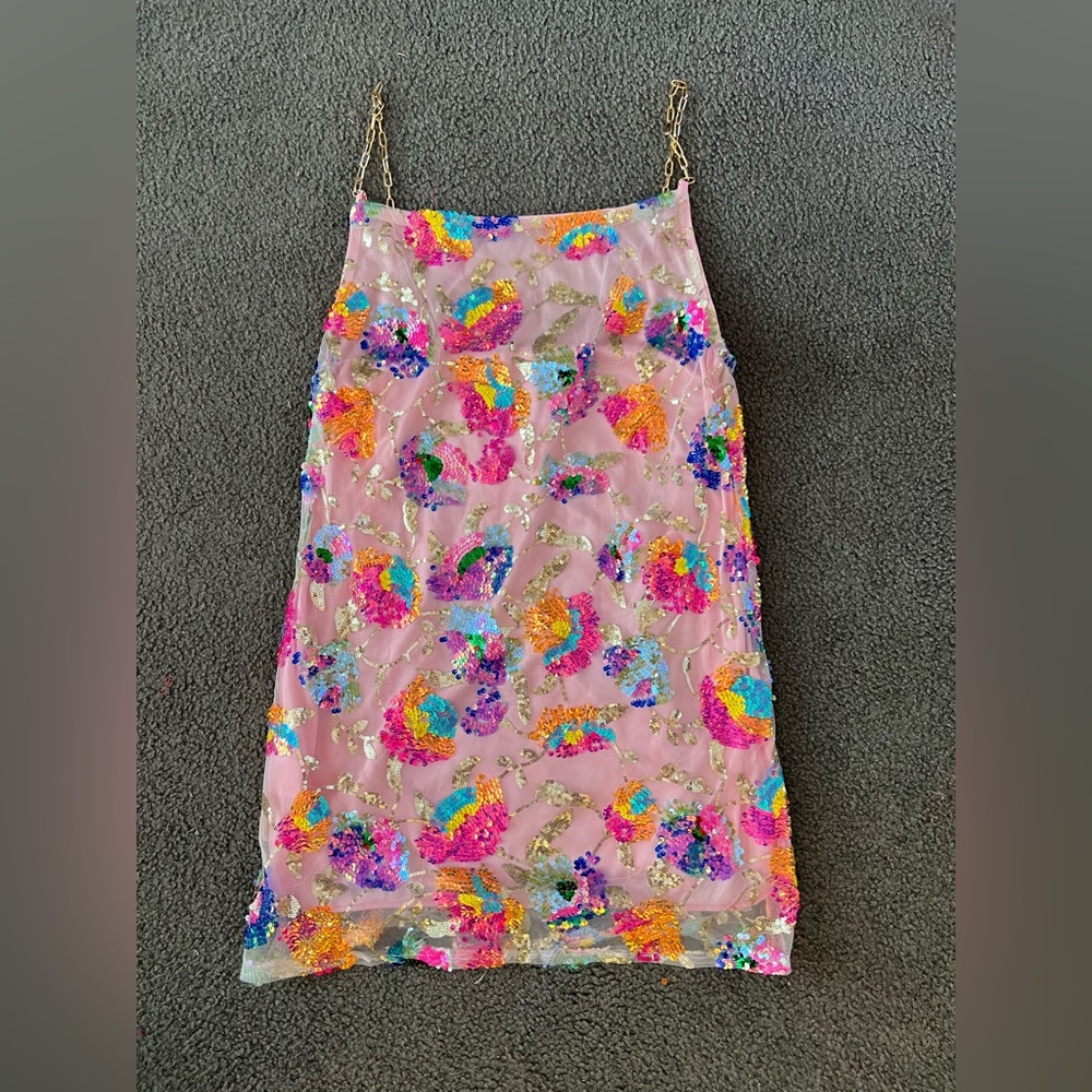 Pink Sequin Party Dress with Gold Chain Straps. Size Large.
